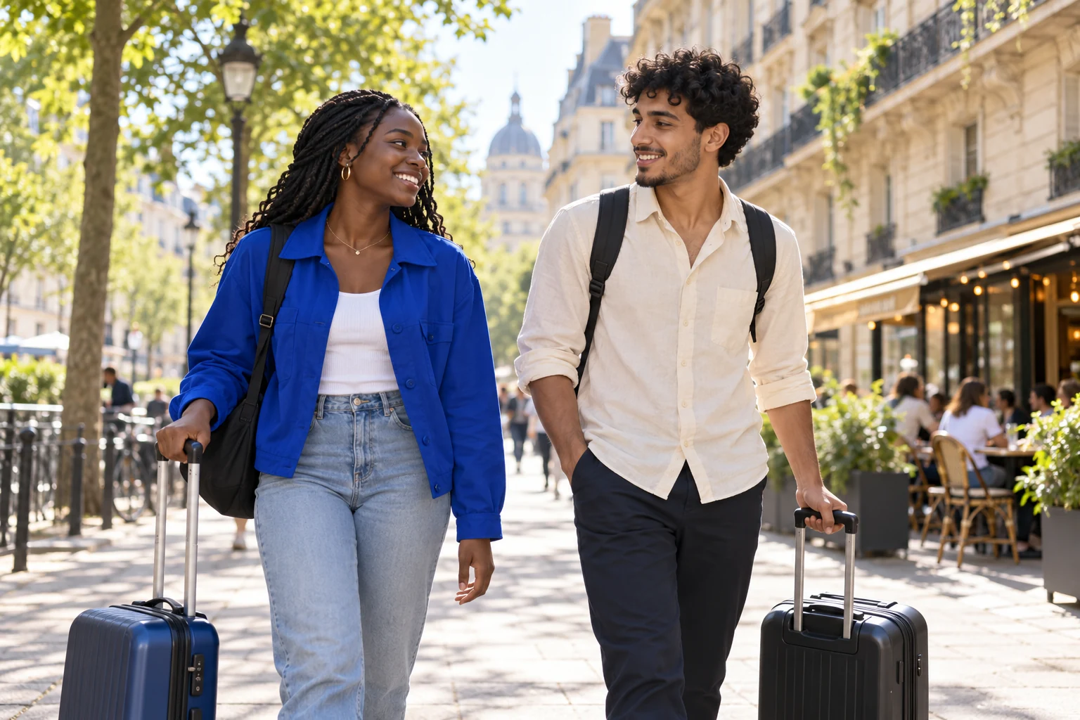 Deux étudiants découvrant leur quartier avec leurs valises, scène illustrative