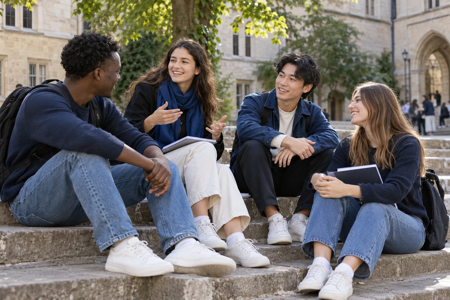 Quatre étudiants discutant dans la cour d’un campus, scène illustrative