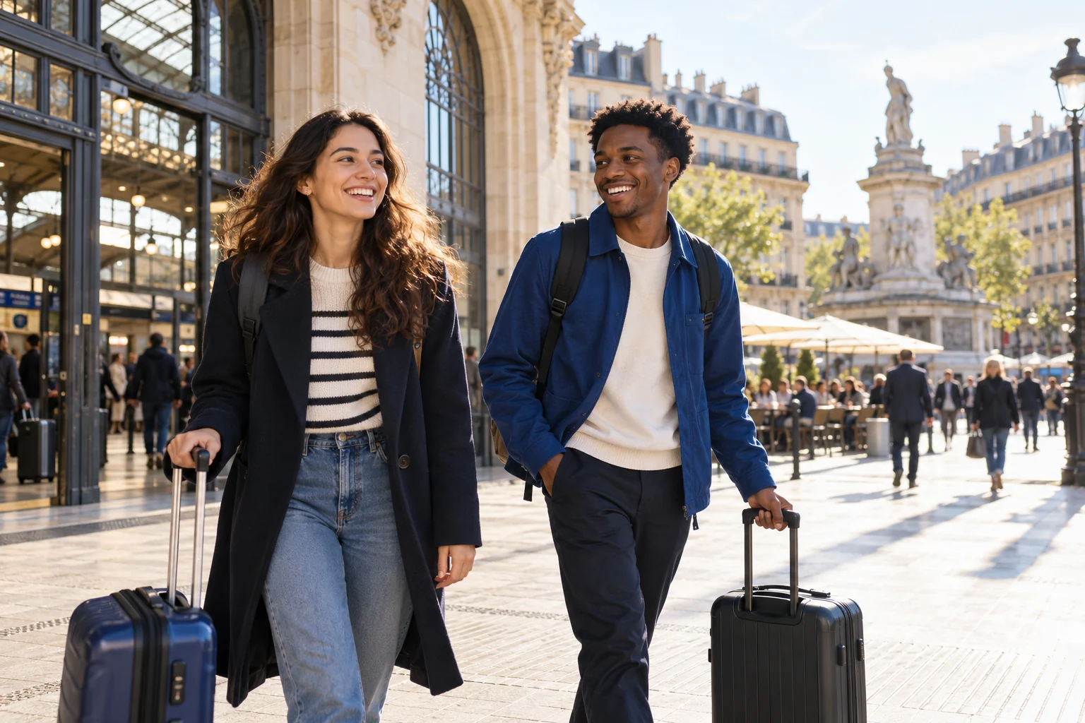 Étudiants arrivant sur une place avec leurs valises, scène illustrative