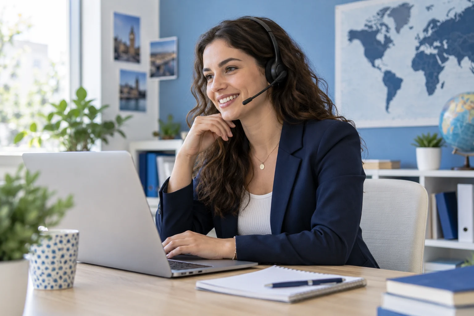 Conseillère équipée d’un casque à son bureau, scène illustrative