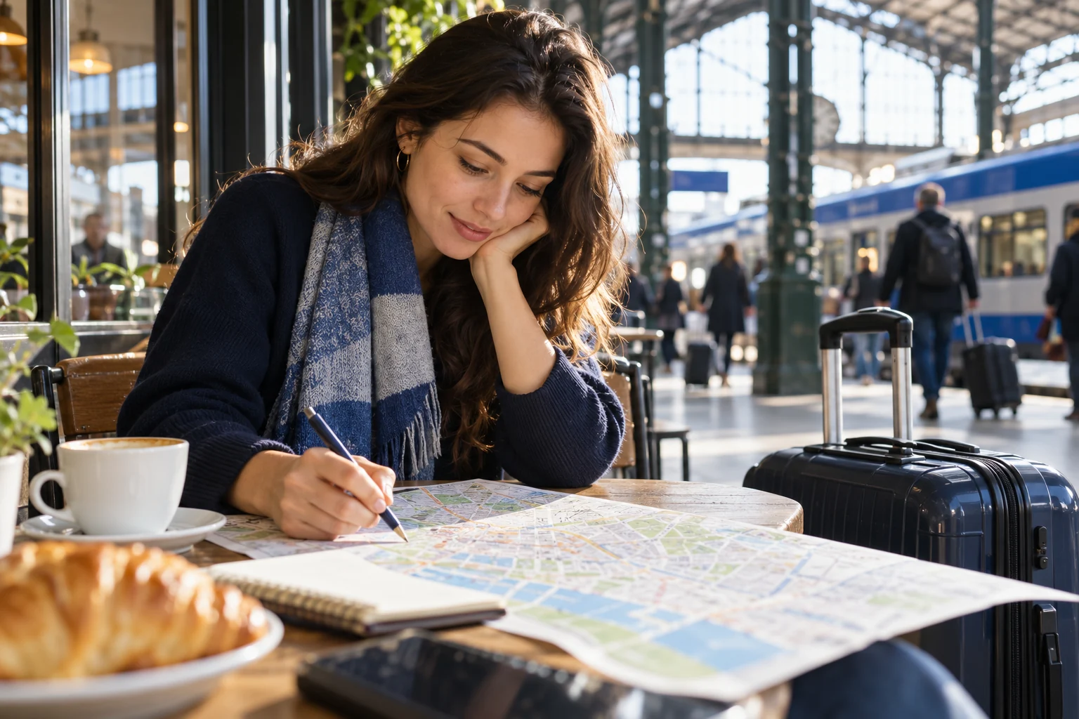 Étudiante préparant son trajet avec une carte dans une gare, scène illustrative