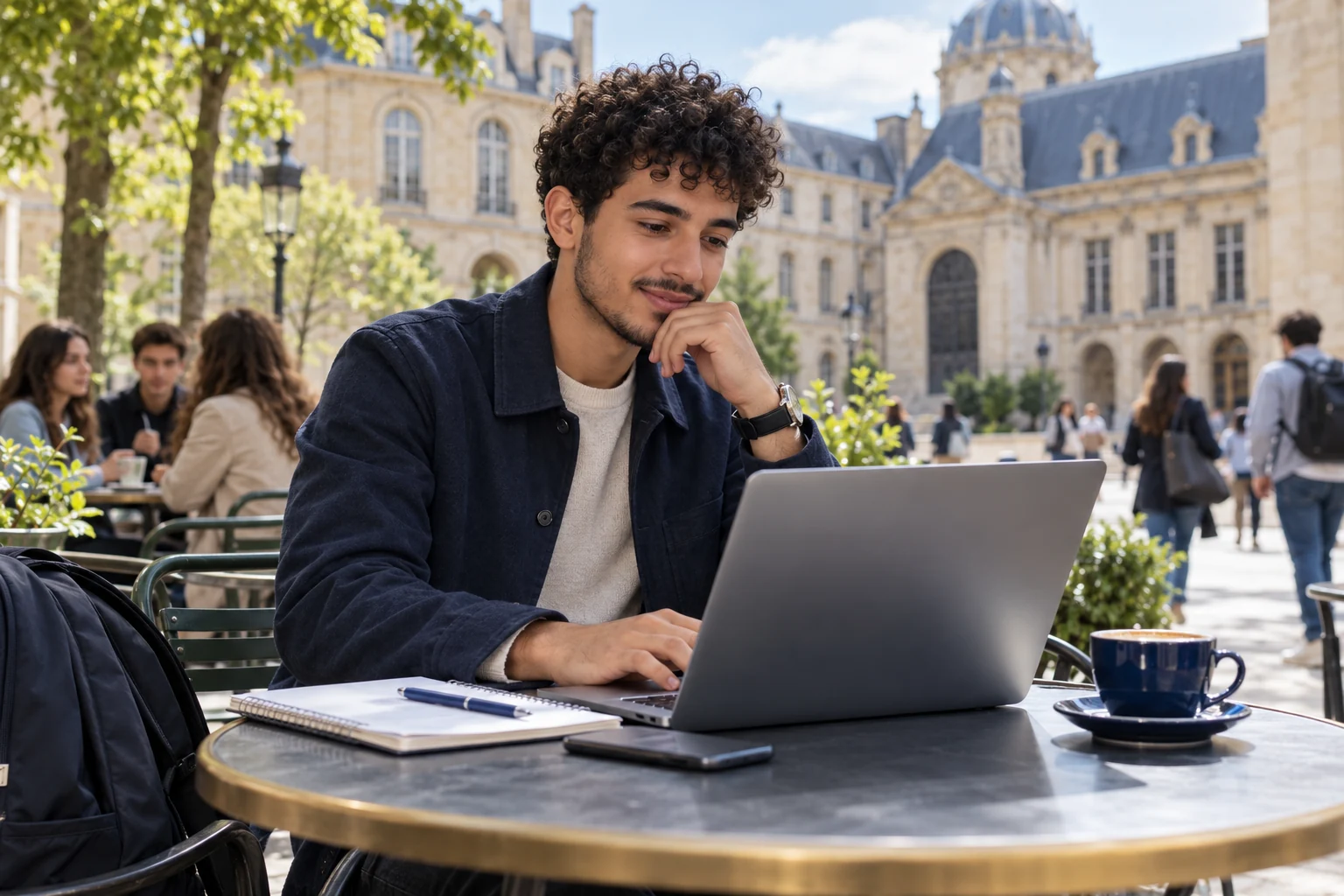 Étudiant relisant une candidature sur son ordinateur dans un café, scène illustrative