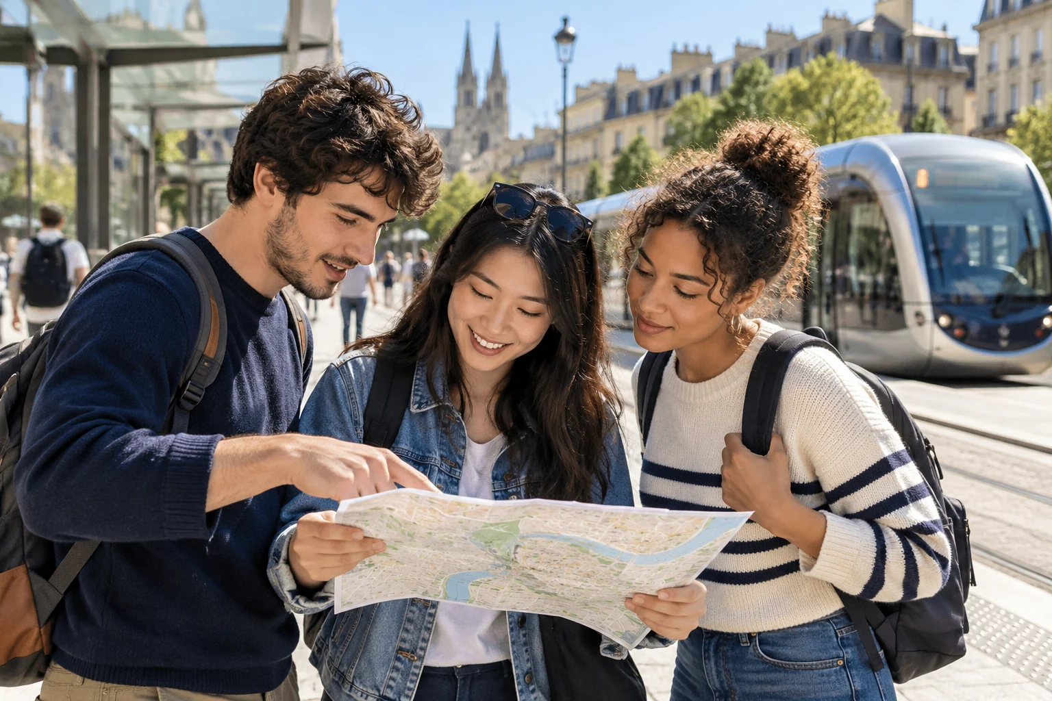 Trois étudiants consultant une carte près d’un arrêt de tramway, scène illustrative