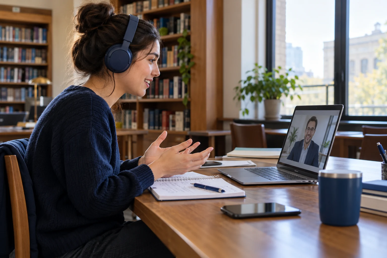 Étudiante préparant un entretien vidéo dans une salle de lecture, scène illustrative