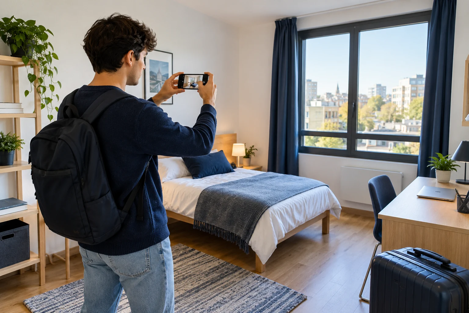 Étudiant photographiant un logement lors de son installation, scène illustrative