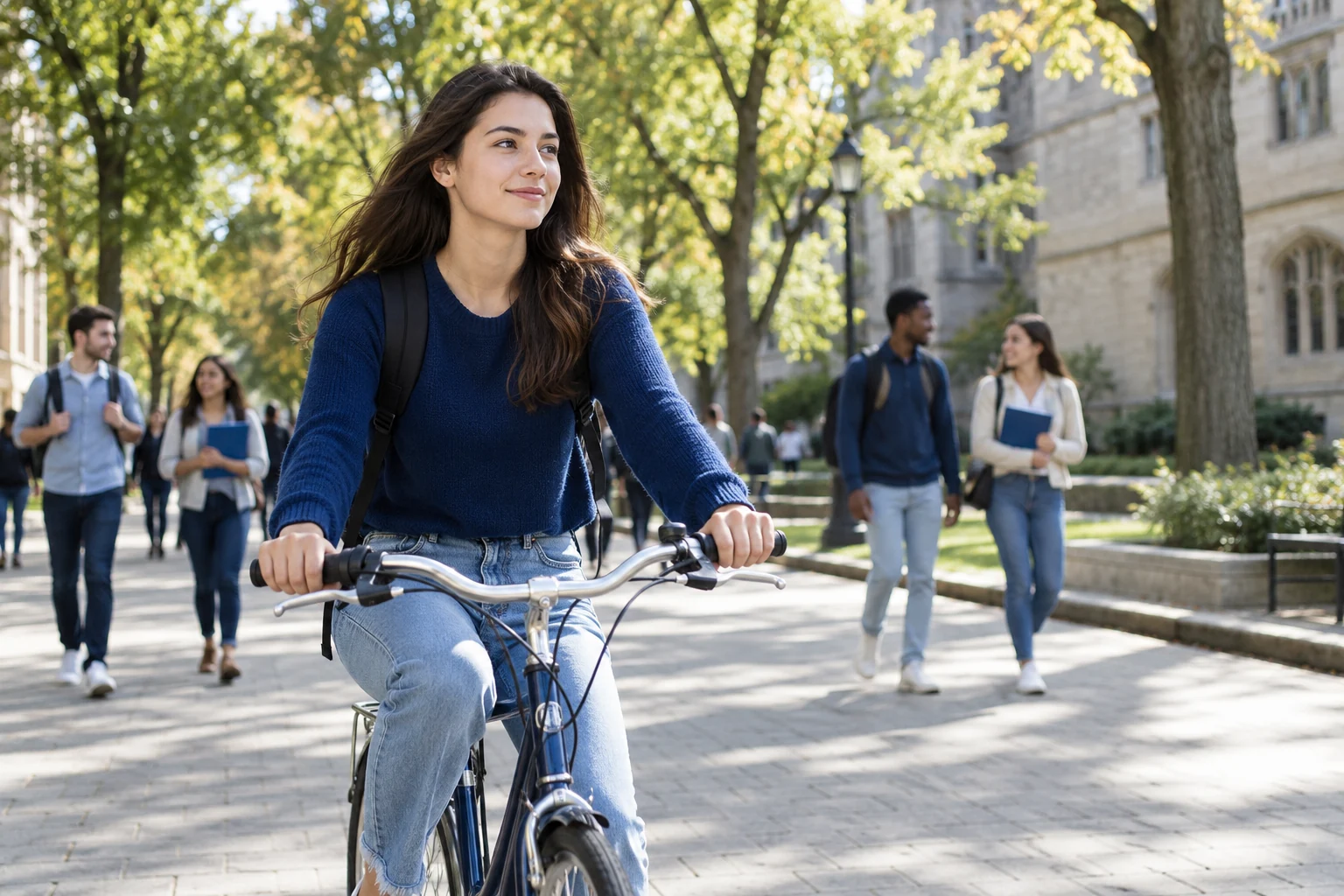 Étudiant à vélo dans une allée de campus, scène illustrative