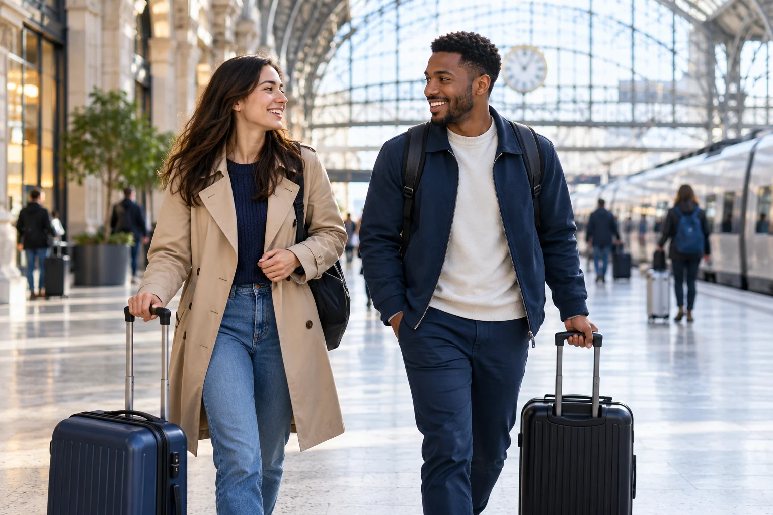 Deux étudiants avec leurs valises traversant une gare, scène illustrative
