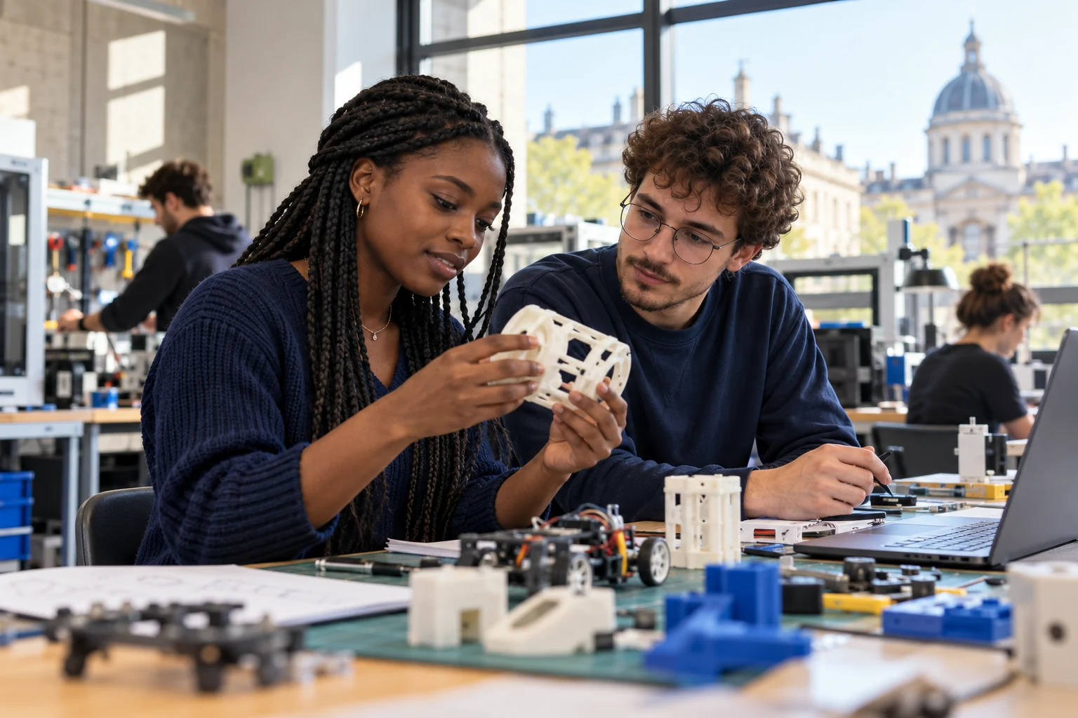 Étudiants travaillant sur un prototype dans un atelier universitaire, scène illustrative