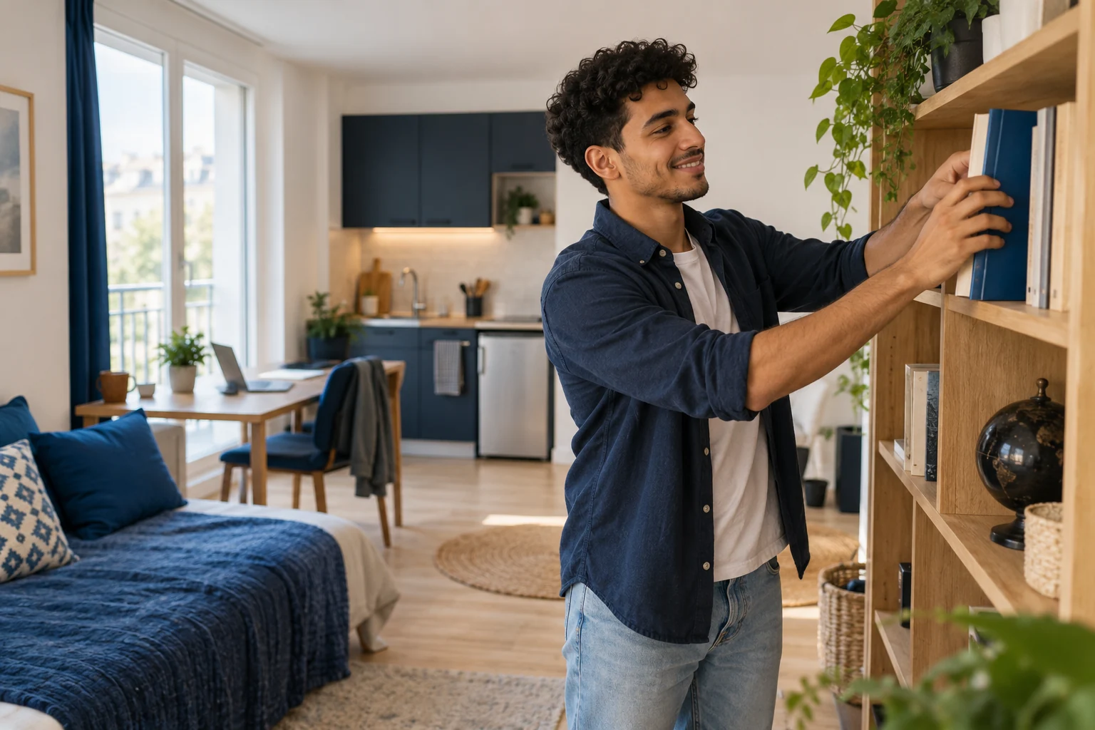 Étudiant installant ses livres dans son premier logement, scène illustrative