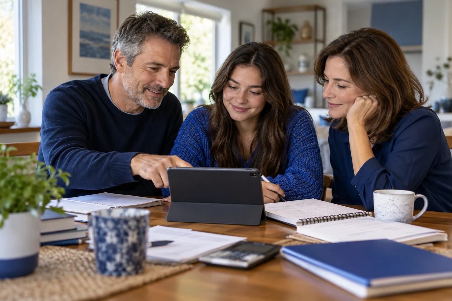 Parents et leur fille préparant les frais de scolarité, scène illustrative