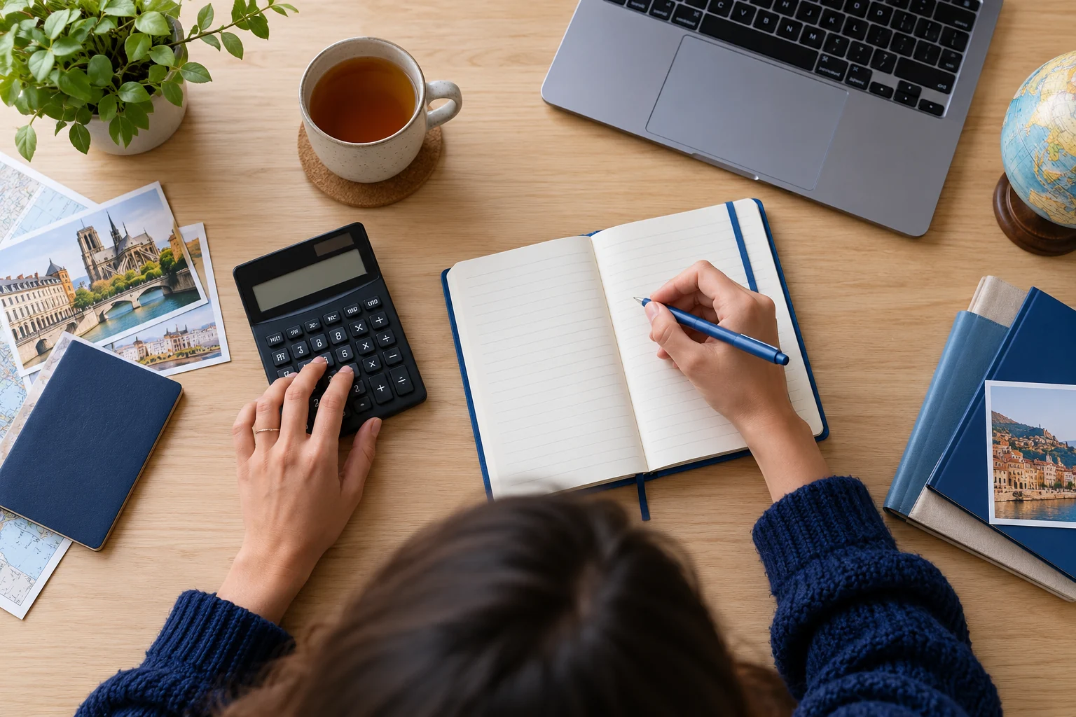 Préparation d’un budget étudiant avec carnet et calculatrice, scène illustrative